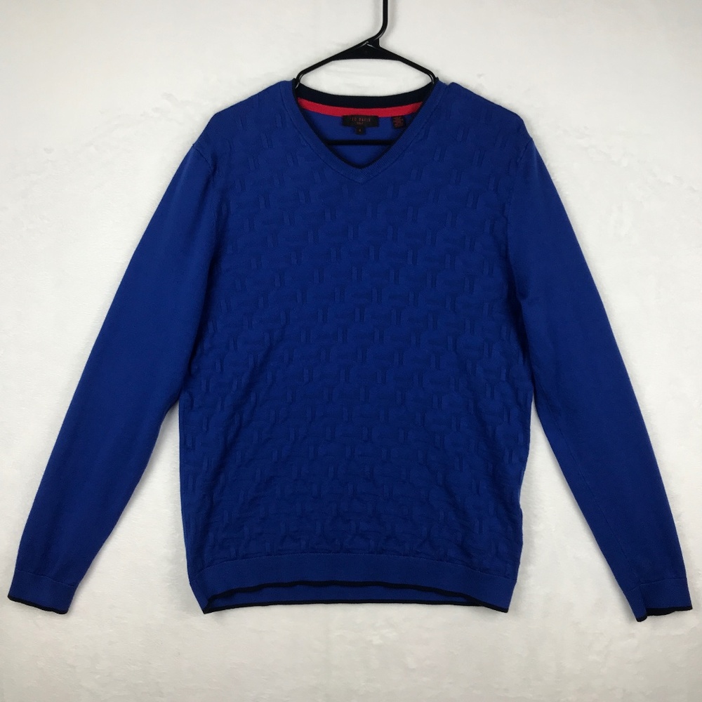 Ted Baker London Sweater Mens Medium Sz 4 Blue Long Sleeve Pullover V-Neck Logo